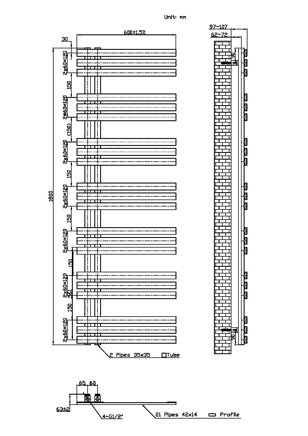 Lizz 600X1800 Carbon Anthracite Towel Rail