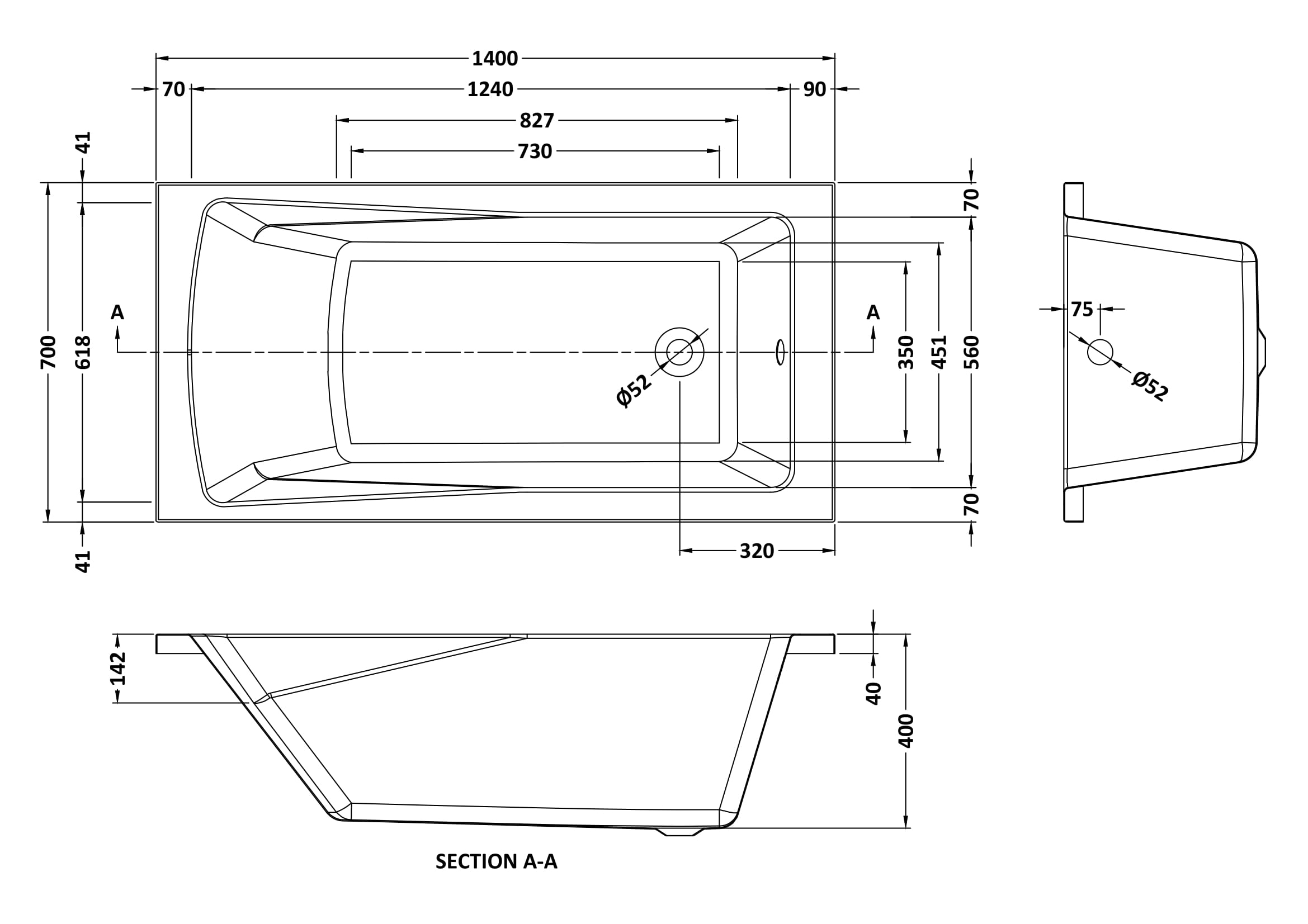 Square 1400mmx700mm Single Ended Bath