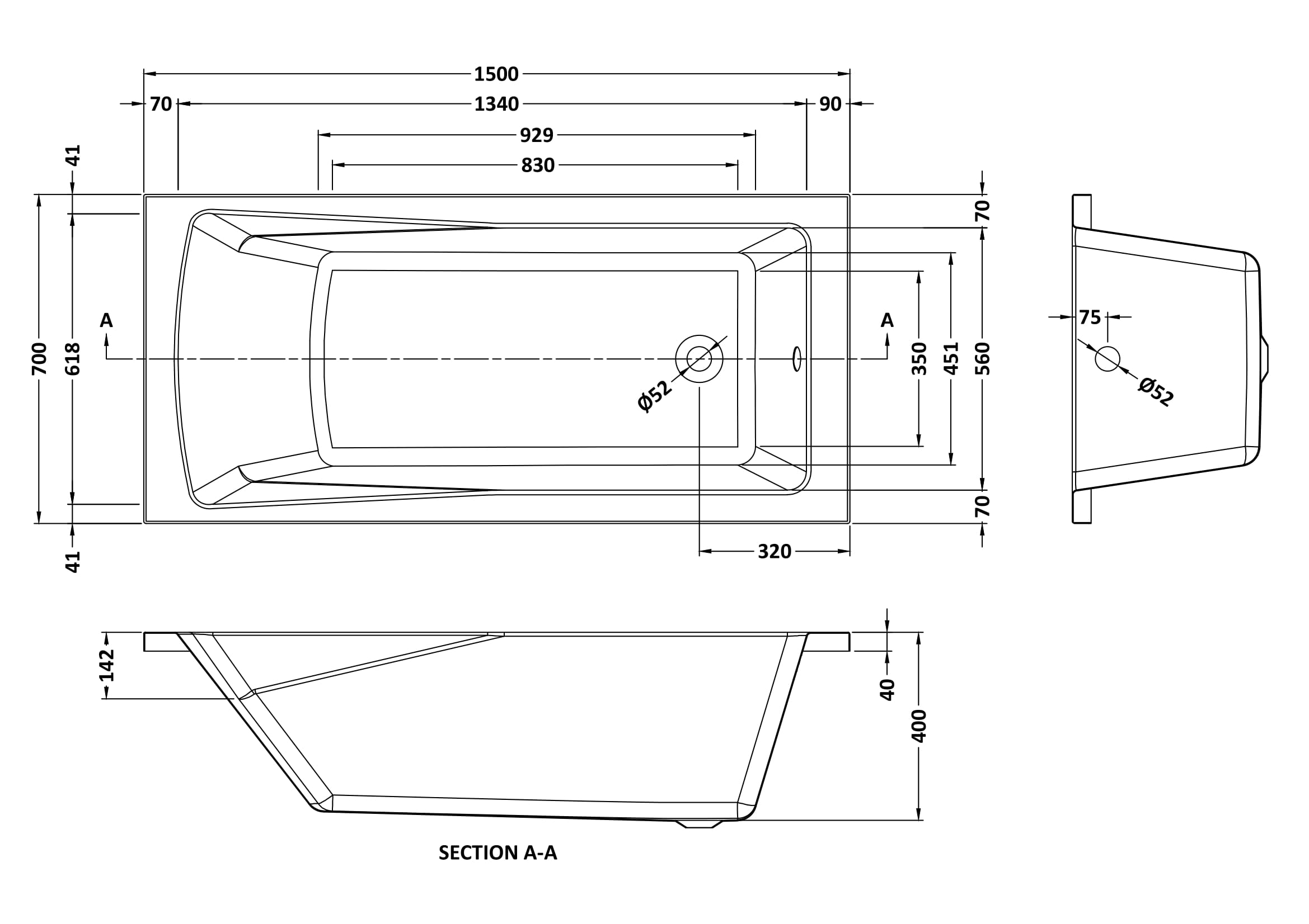 Square 1500mmx700mm Single Ended Bath