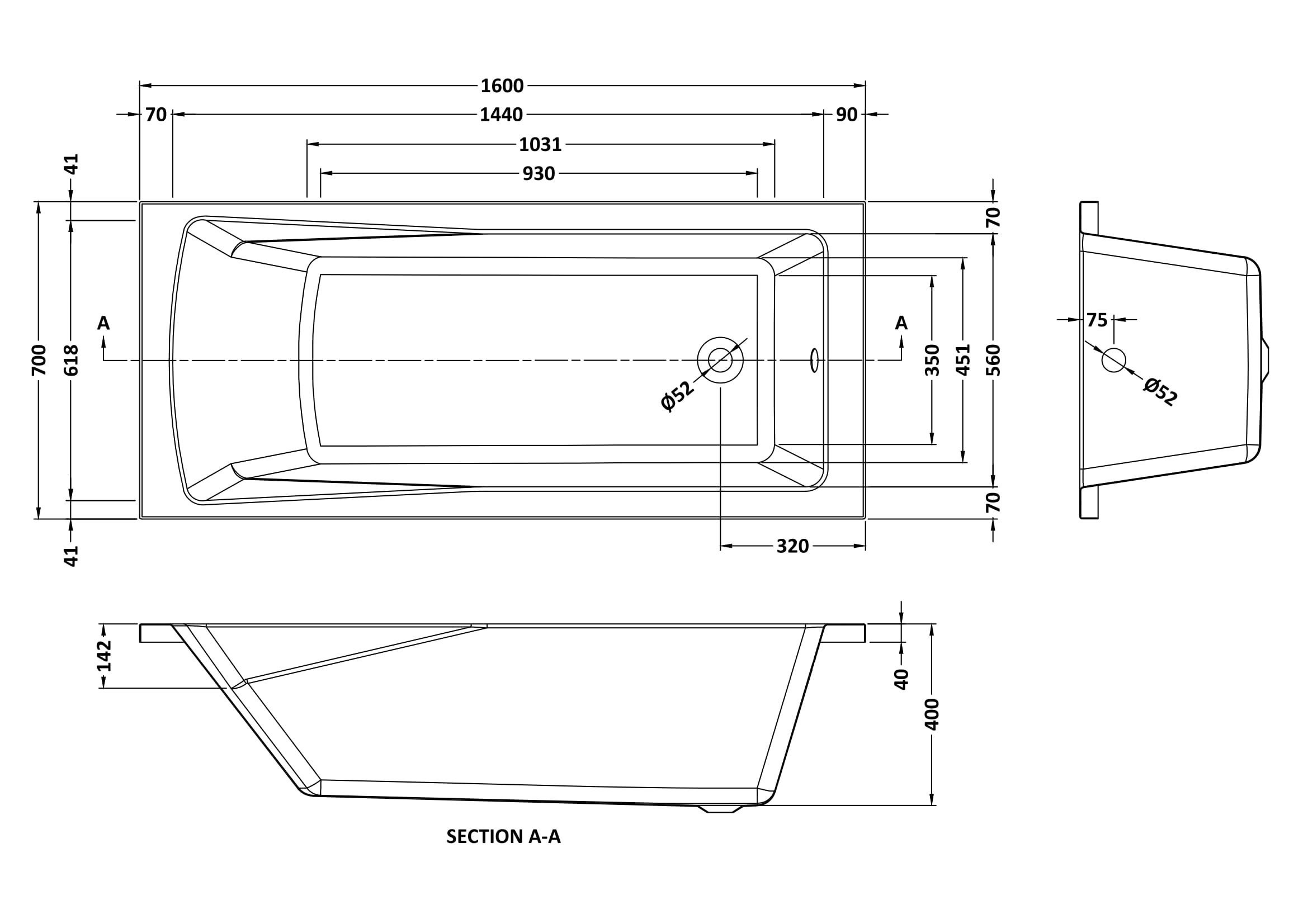 Square 1600mmx700mm Single Ended Bath