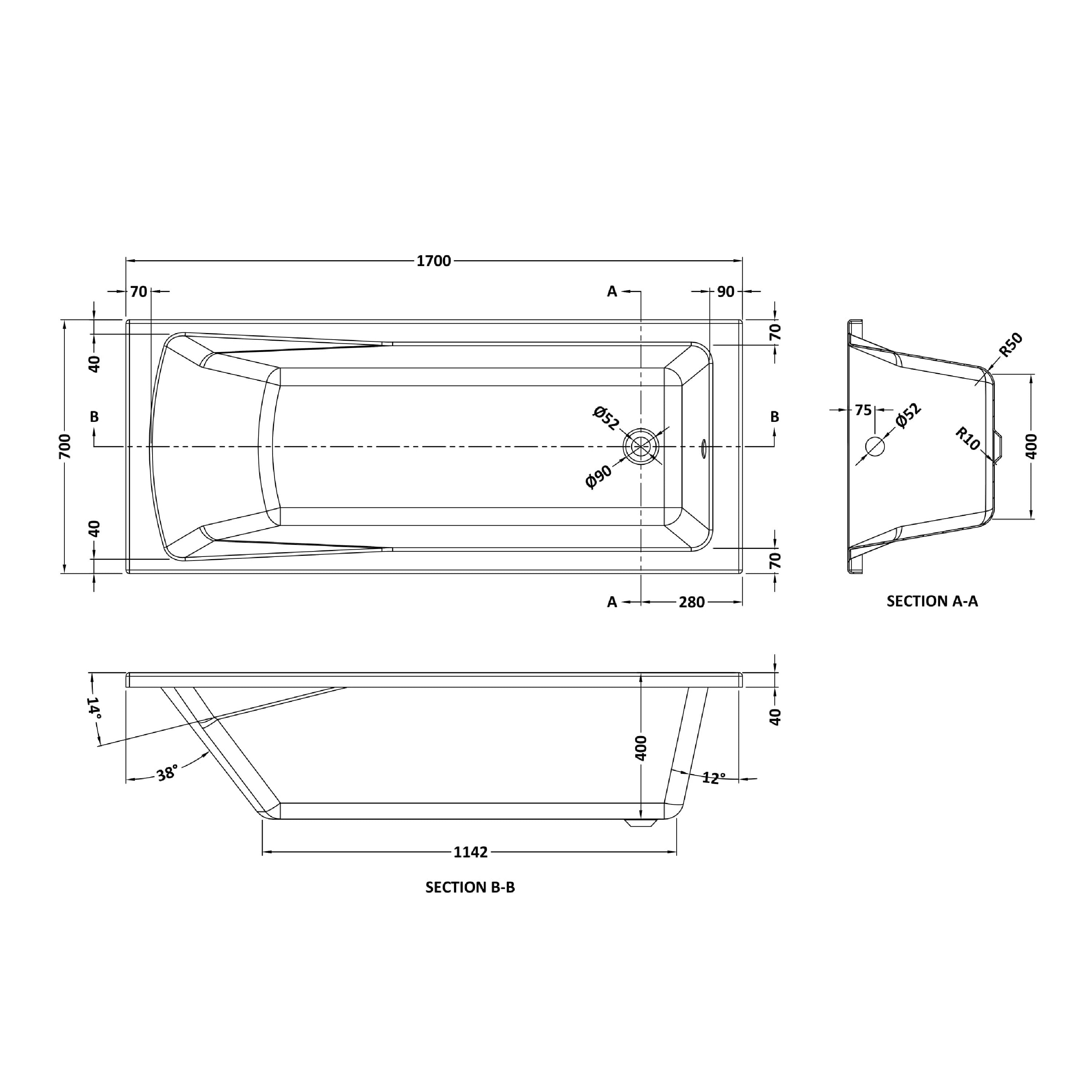Square 1700mmx700mm Single Ended Bath