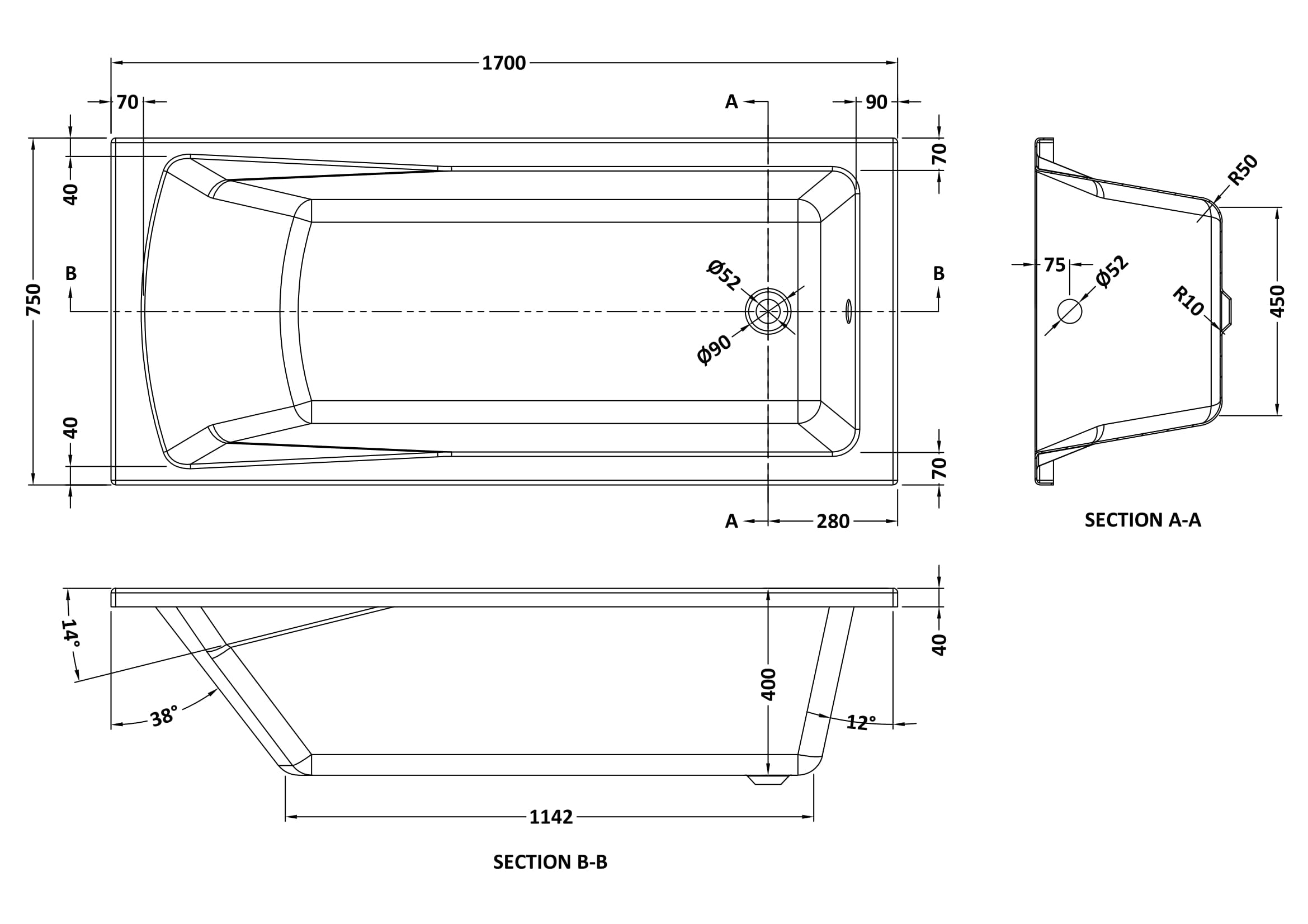 Square 1700mmx760mm Single Ended Bath