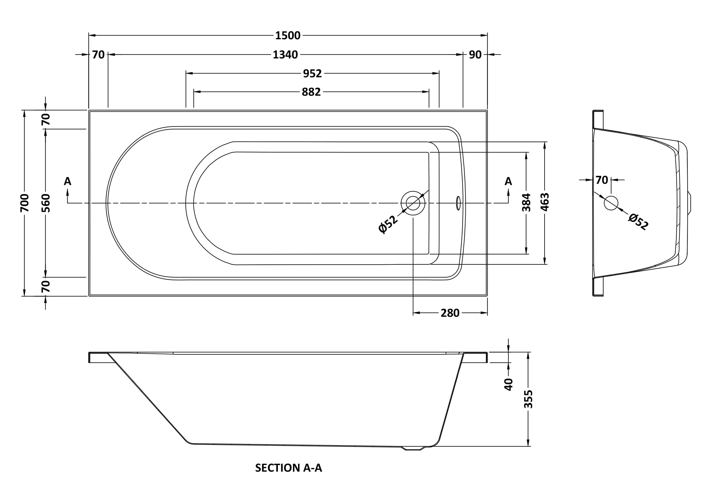 Round 1500mmx700mm Standard Single Ended Bath