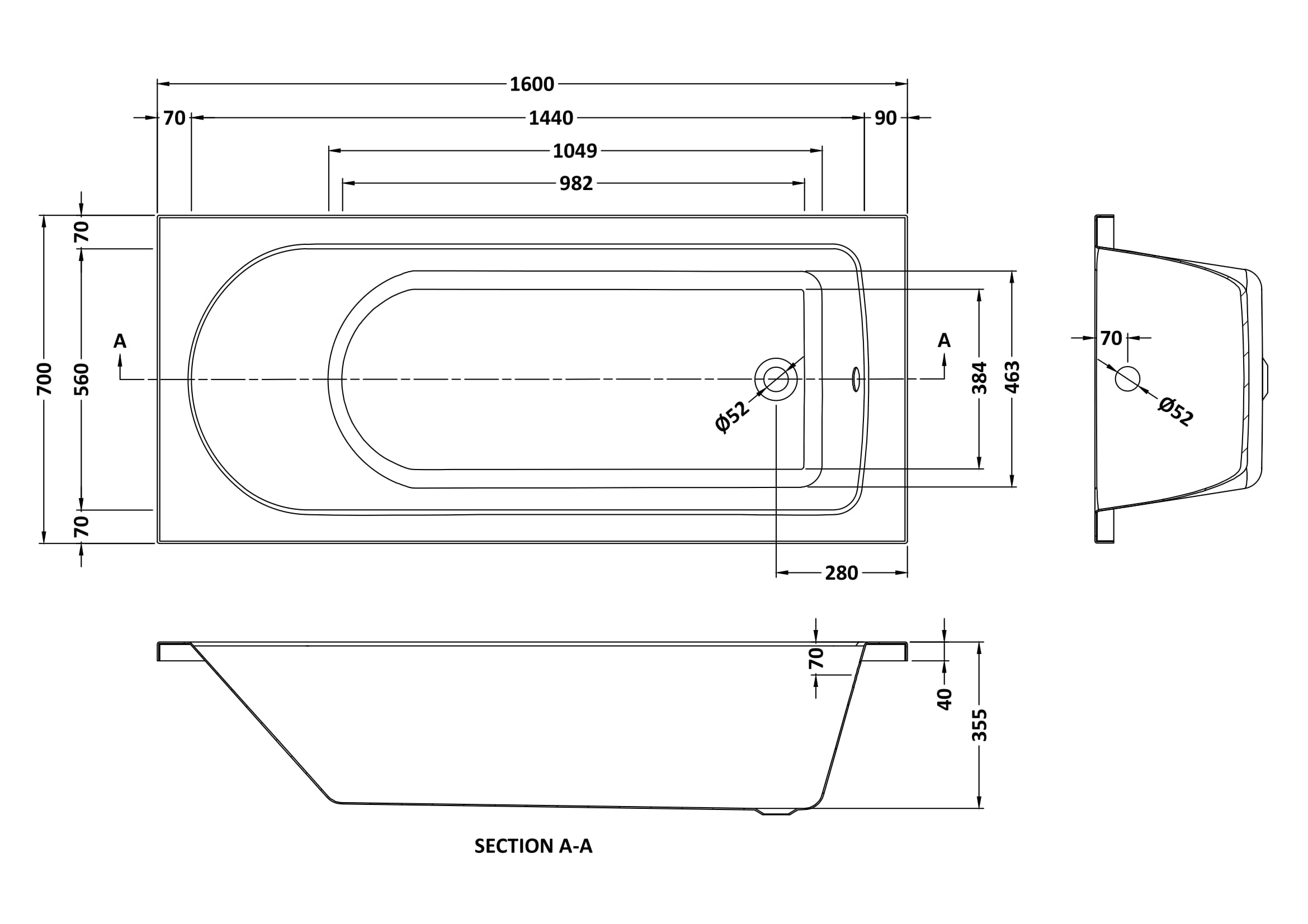 Round 1600mmx700mm Standard Single Ended Bath