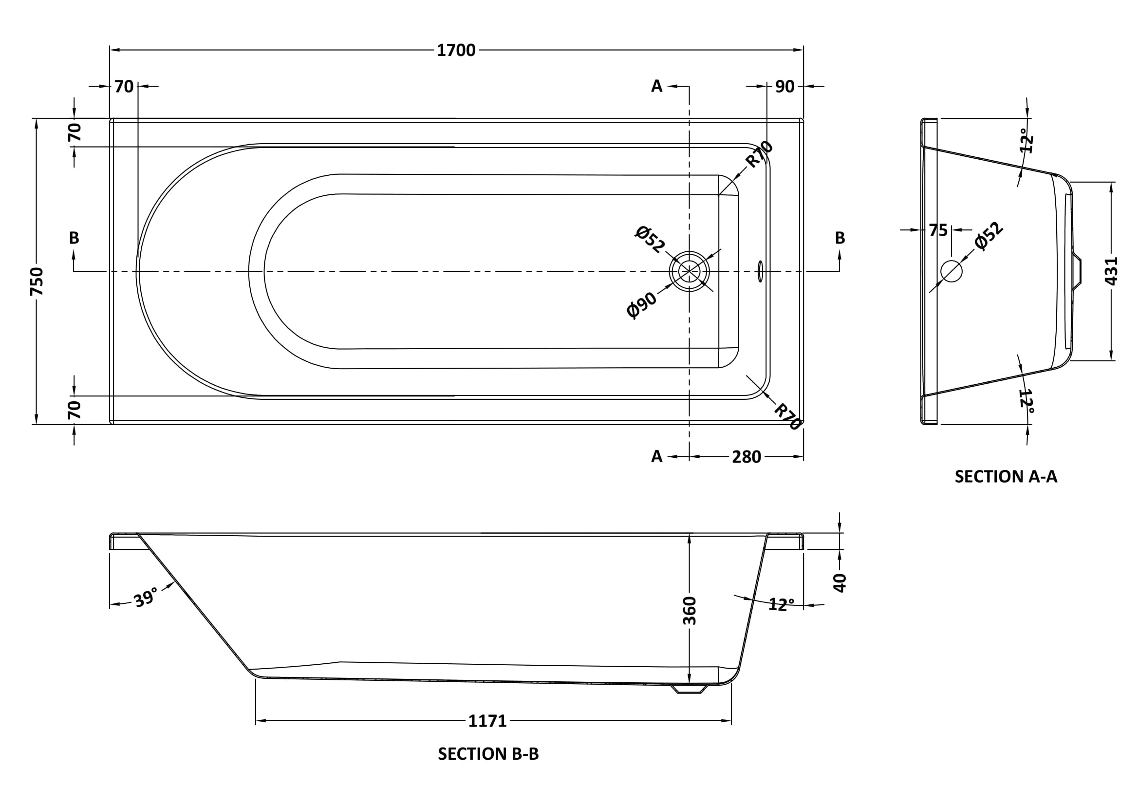Round 1700mmx750mm Standard Single Ended Bath