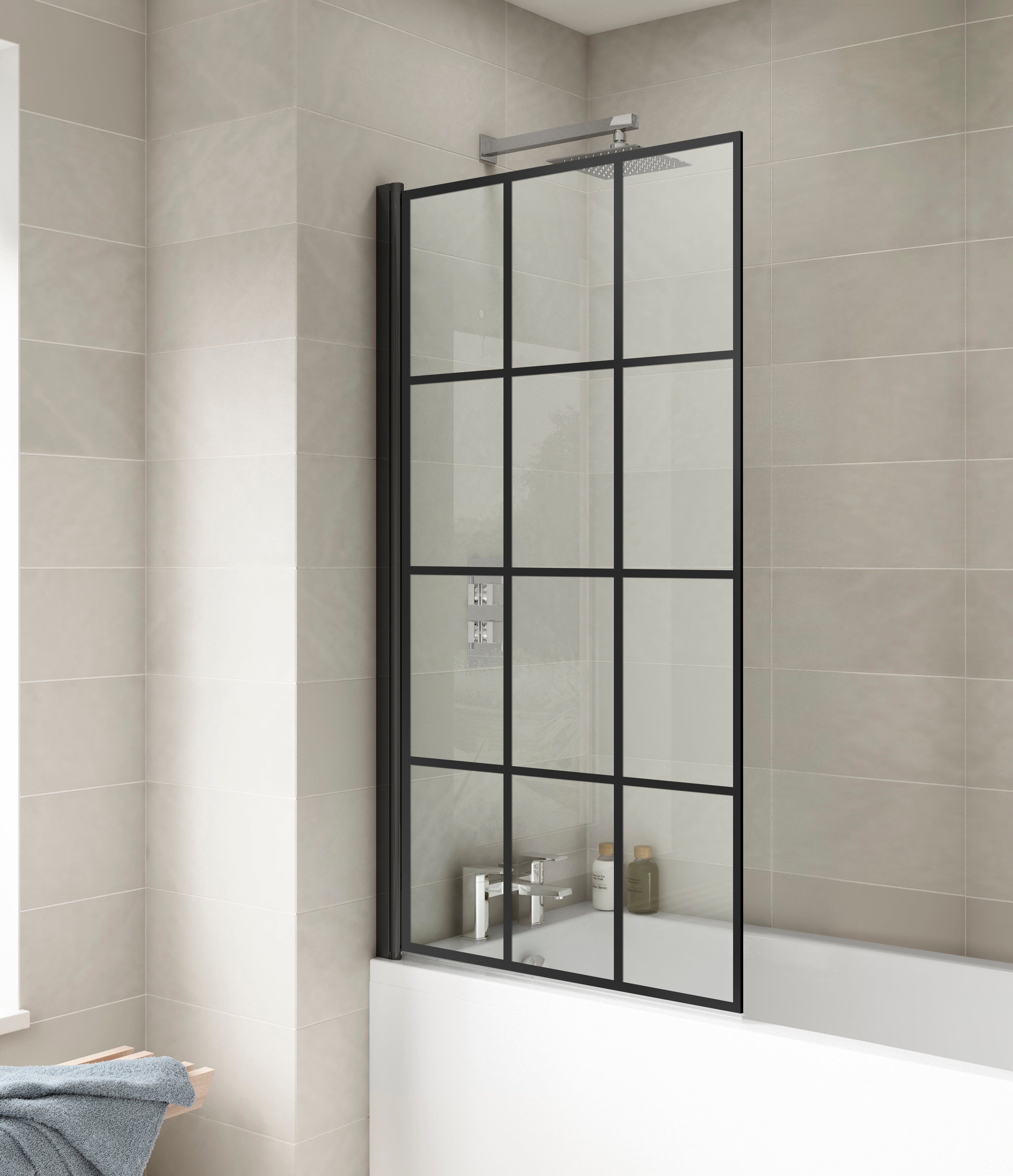 Square Hinged Bath Screen Black Grid