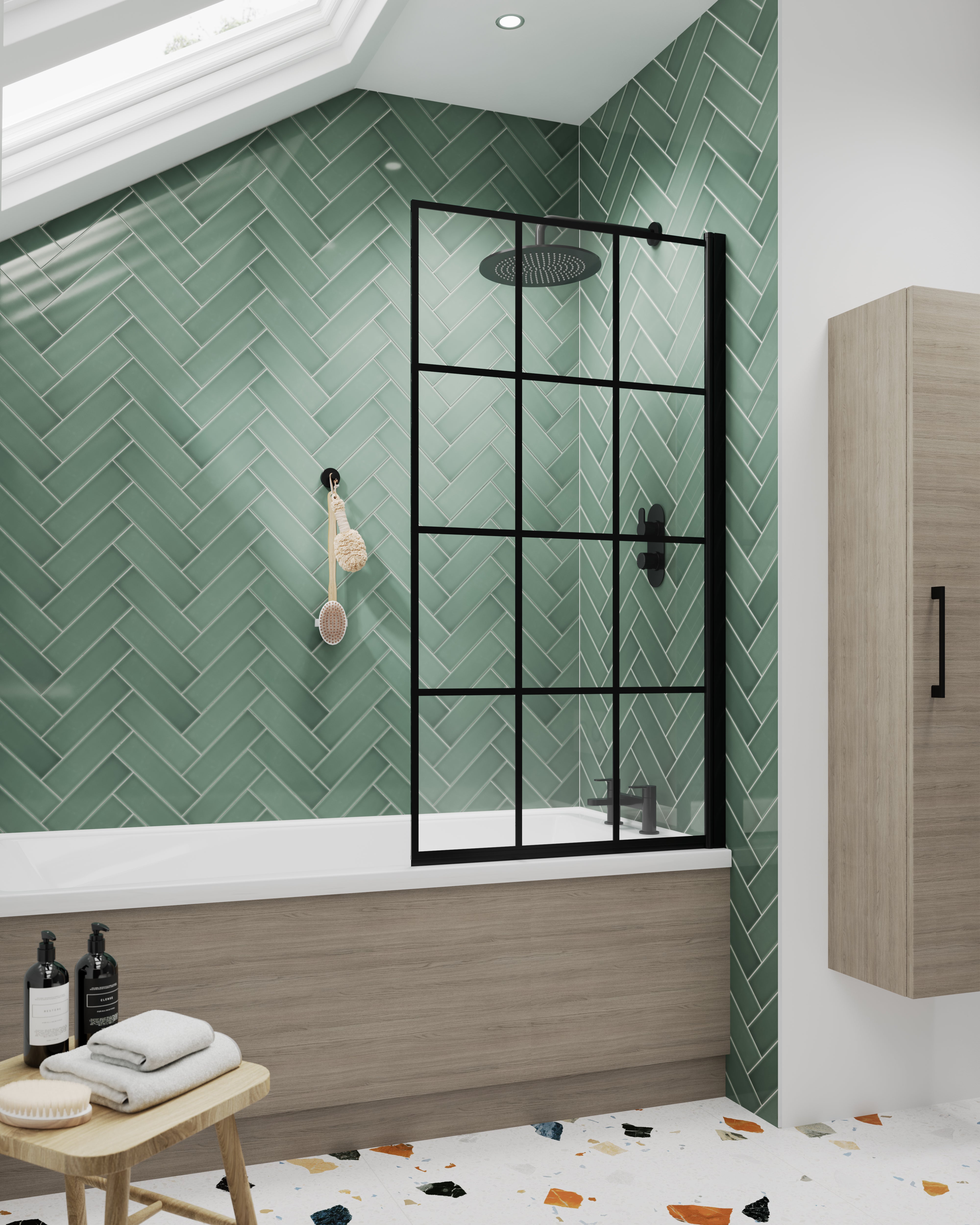 Square Hinged Bath Screen Black Grid