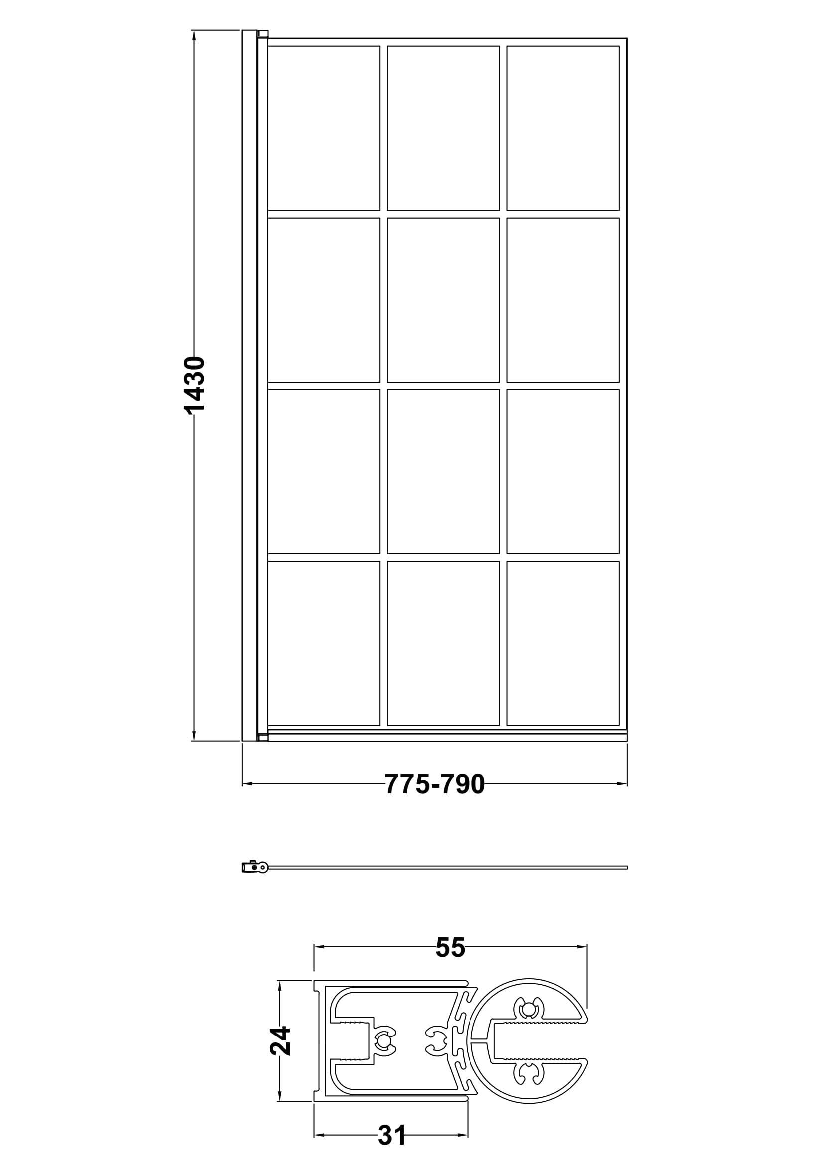 Square Hinged Bath Screen Black Grid