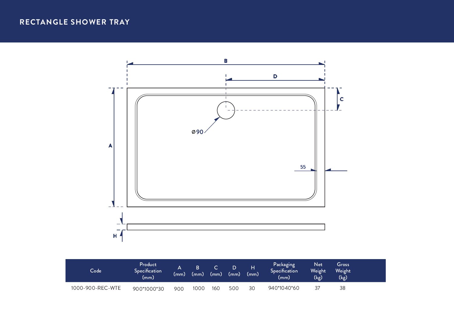 1000x9000 Shower Tray
