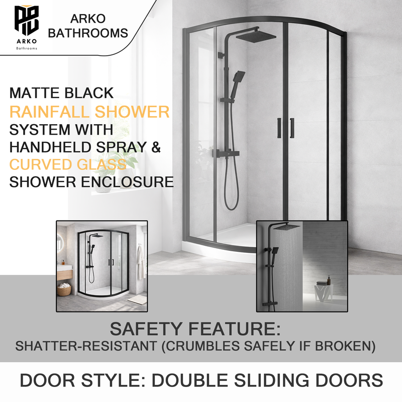 ARKO Square Rainfall Shower System with Handheld Spray & Curved Glass Sliding Shower Enclosure - Matte Black