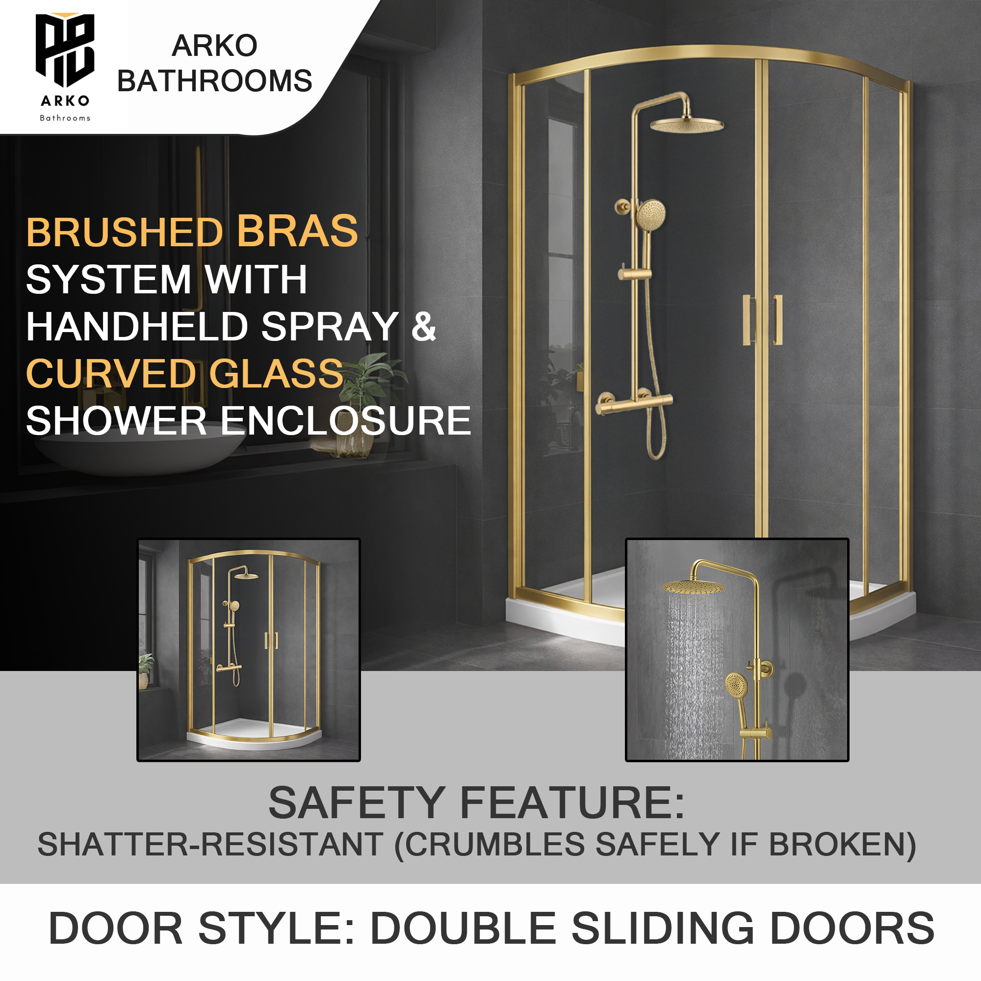 ARKO Round Rainfall Shower System with Handheld Spray & Curved Glass Sliding Shower Enclosure with Tray - Brass