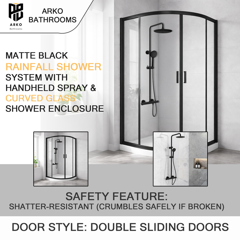 ARKO Round Rainfall Shower System with Handheld Spray & Curved Glass Sliding Shower Enclosure - Matte Black