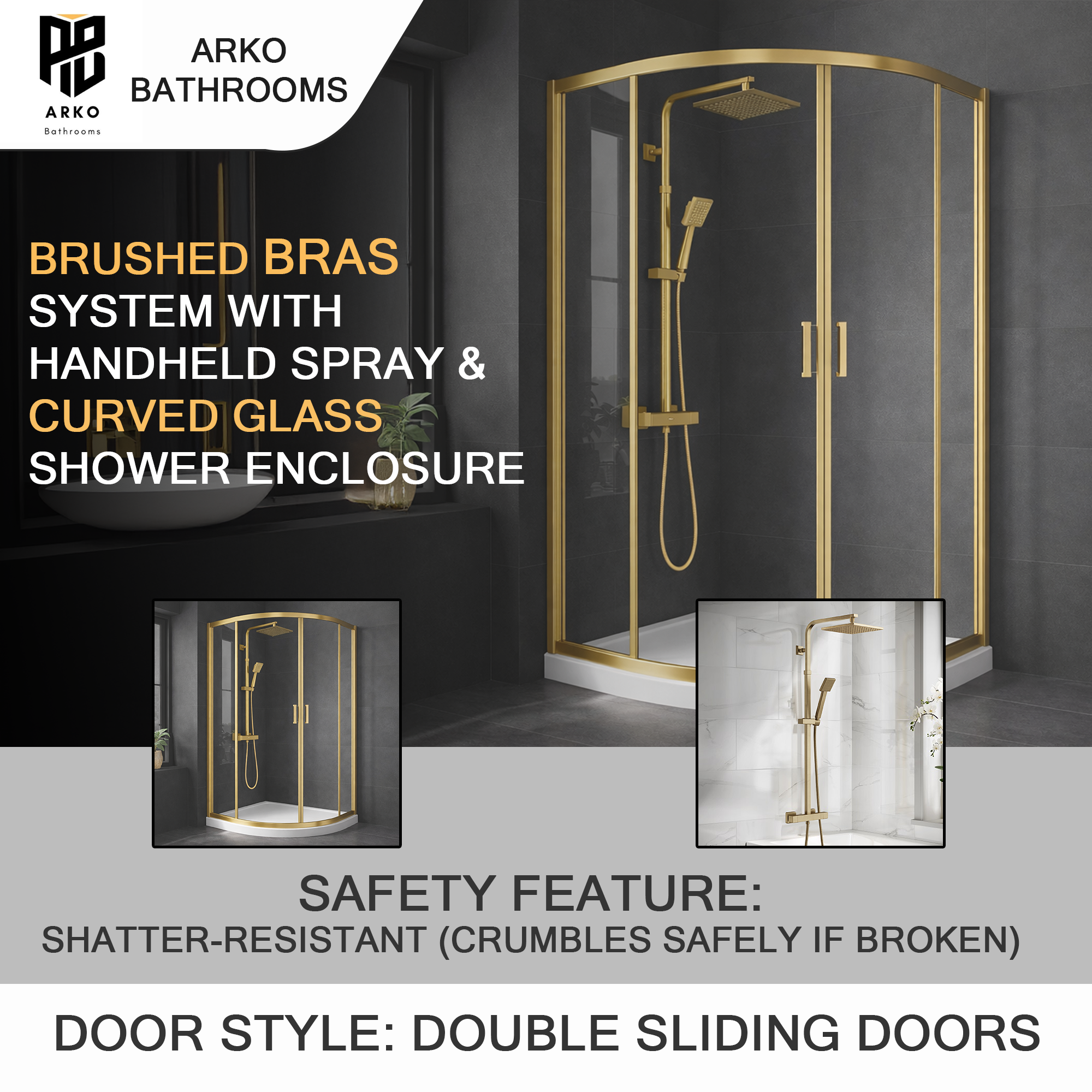ARKO Square Rainfall Shower System with Handheld Spray & Curved Glass Sliding Shower Enclosure with Tray & Waste - Brass