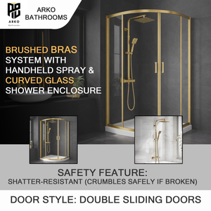 ARKO Square Rainfall Shower System with Handheld Spray & Curved Glass Sliding Shower Enclosure with Tray & Waste - Brass