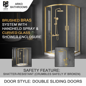 ARKO Round Rainfall Shower System with Handheld Spray & Curved Glass Sliding Shower Enclosure - Brass