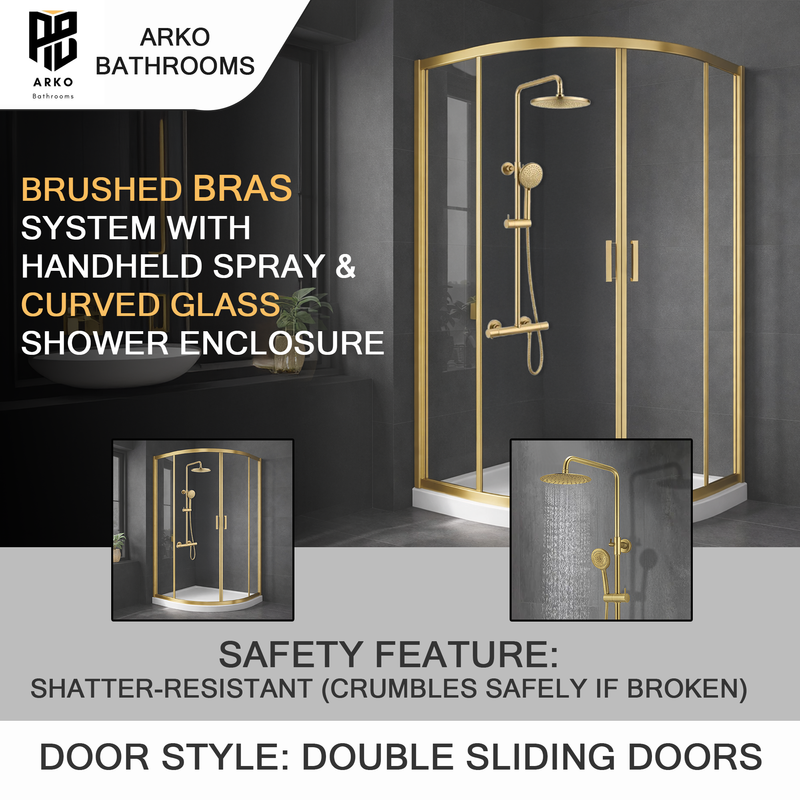 ARKO Round Rainfall Shower System with Handheld Spray & Curved Glass Sliding Shower Enclosure - Brass