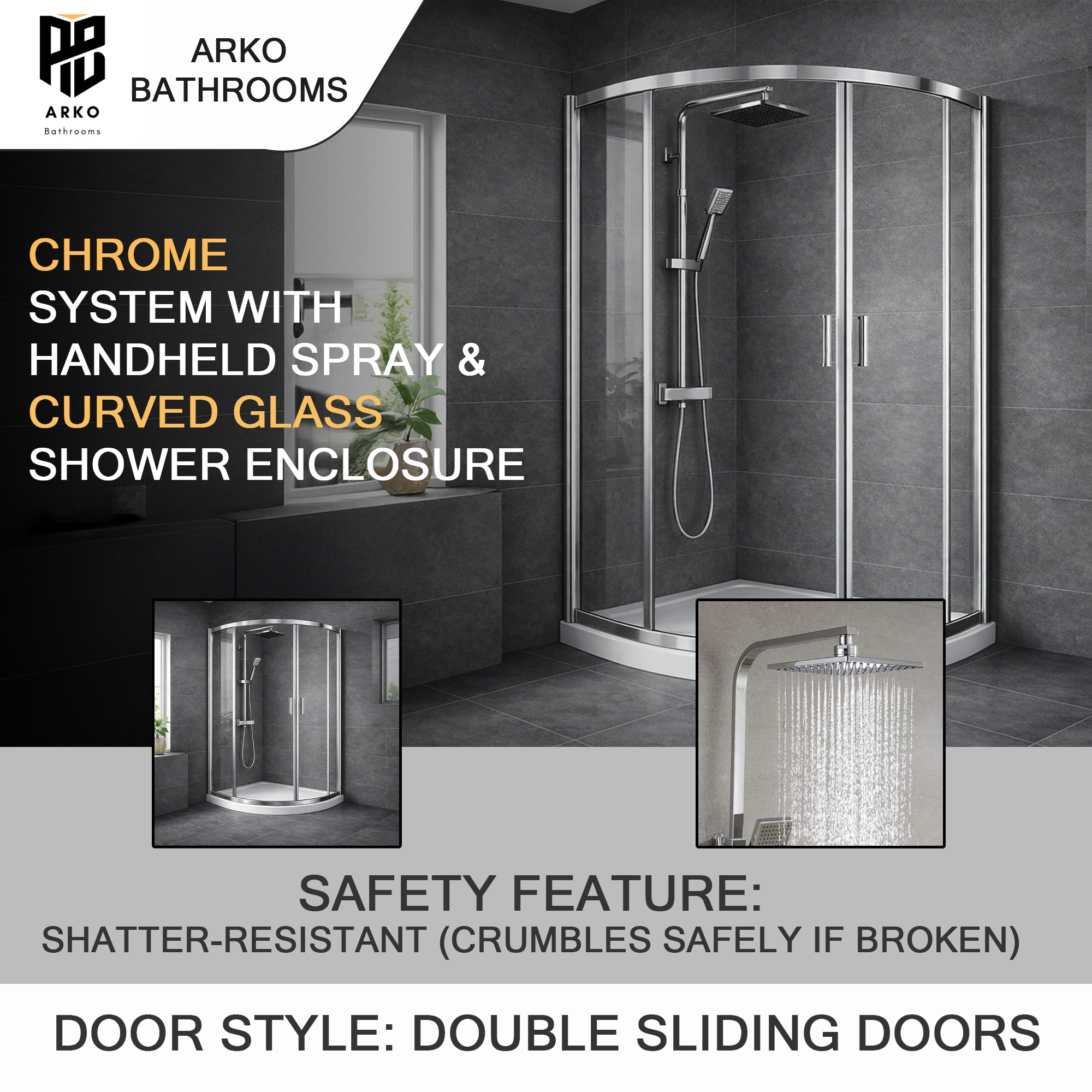 ARKO Square Rainfall Shower System with Handheld Spray & Curved Glass Sliding Shower Enclosure with Tray & Waste - Chrome