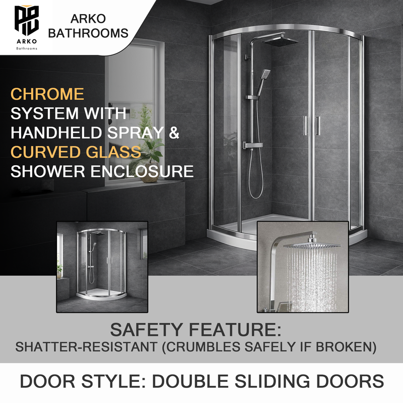 ARKO Square Rainfall Shower System with Handheld Spray & Curved Glass Sliding Shower Enclosure with Tray & Waste - Chrome