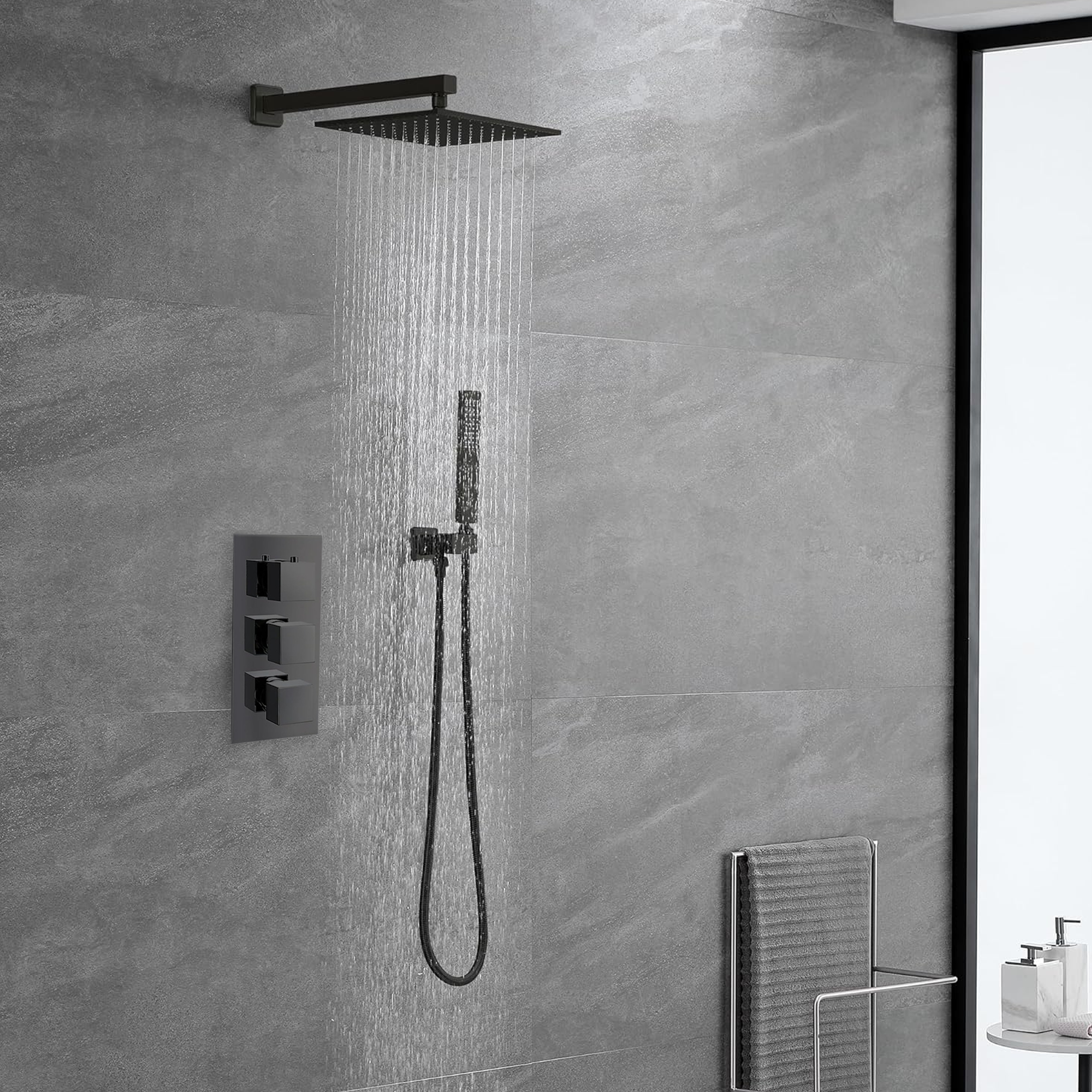ARKO Square Concealed Thermostatic Shower Mixer 2 Dial Twin Head with Valve, Handset & Shower Waste – Black