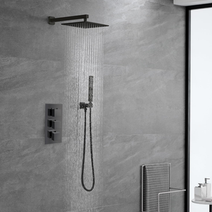 ARKO Square Concealed Thermostatic Shower Mixer 2 Dial Twin Head with Valve, Handset & Shower Waste – Black