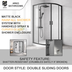 ARKO Square Rainfall Shower System with Handheld Spray & Curved Glass Sliding Shower Enclosure with Tray & Waste - Black
