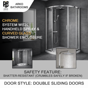 ARKO Square Rainfall Shower System with Handheld Spray & Curved Glass Sliding Shower Enclosure - Chrome