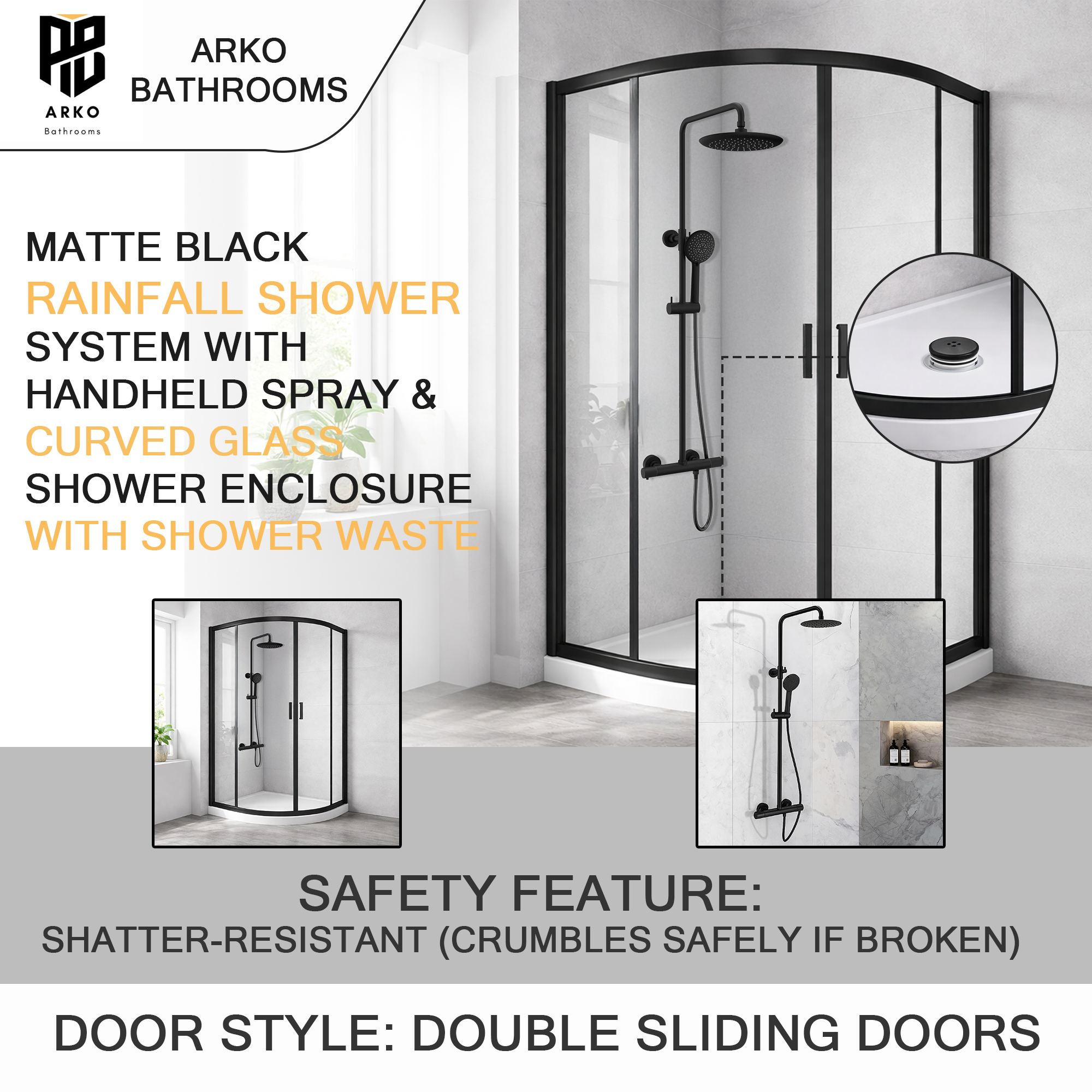 ARKO Round Rainfall Shower System with Handheld Spray & Curved Glass Sliding Shower Enclosure with Waste  - Matte Black
