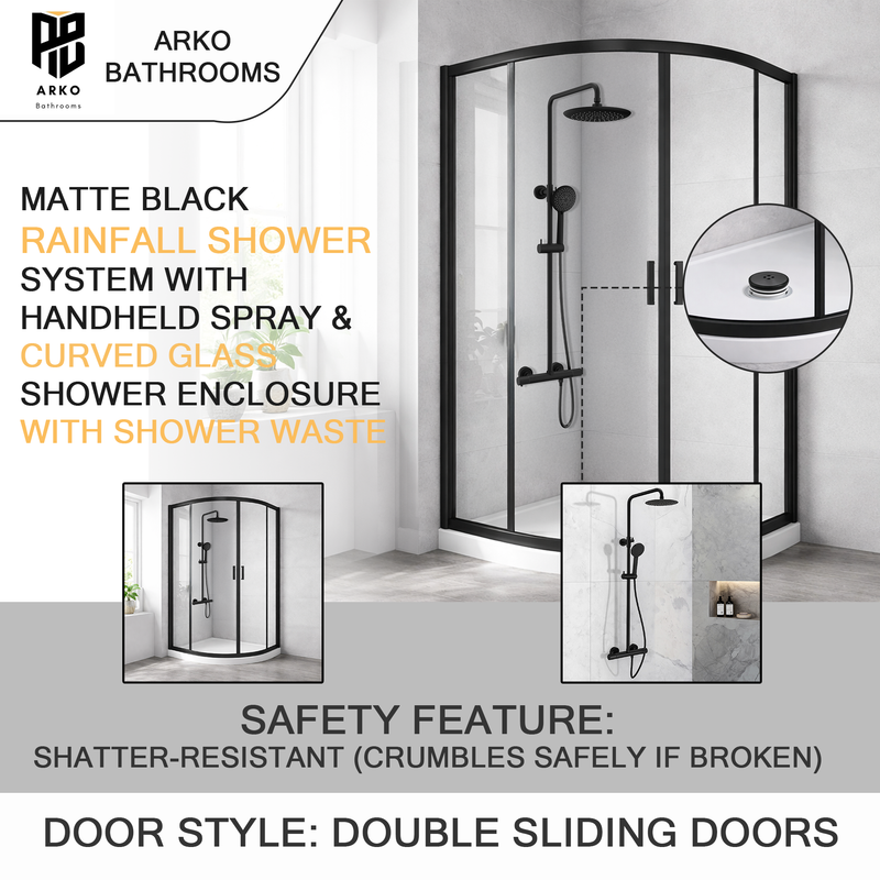 ARKO Round Rainfall Shower System with Handheld Spray & Curved Glass Sliding Shower Enclosure with Waste  - Matte Black