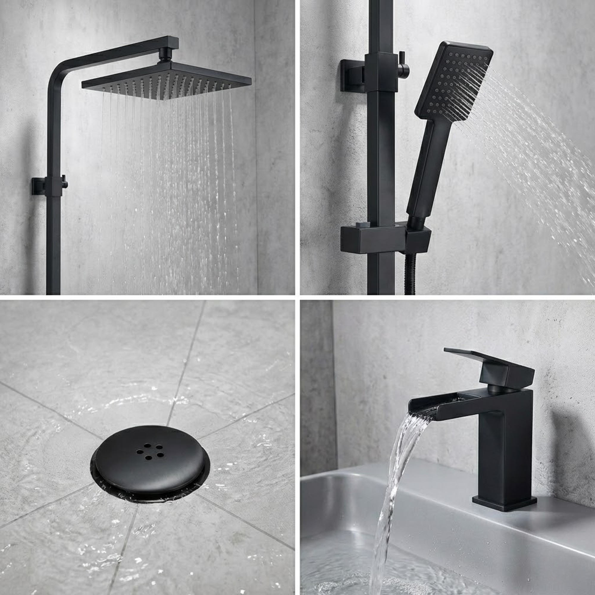 Arko Bathroom Waterfall Mixer Shower & Basin Mixer Tap Sets with Bath Shower Waste – Black