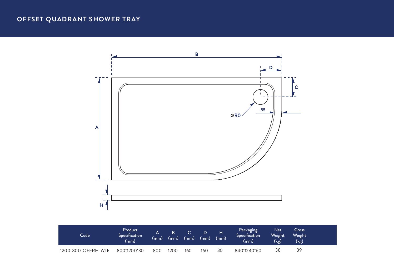 1200X800 Offset Quadrant Tray (Right Hand)