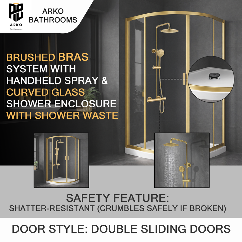 ARKO Round Rainfall Shower System with Handheld Spray & Curved Glass Sliding Shower Enclosure with Tray & Waste - Brass
