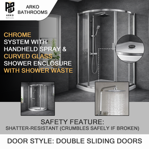 ARKO Square Rainfall Shower System with Handheld Spray & Curved Glass Sliding Shower Enclosure with Waste  - Chrome