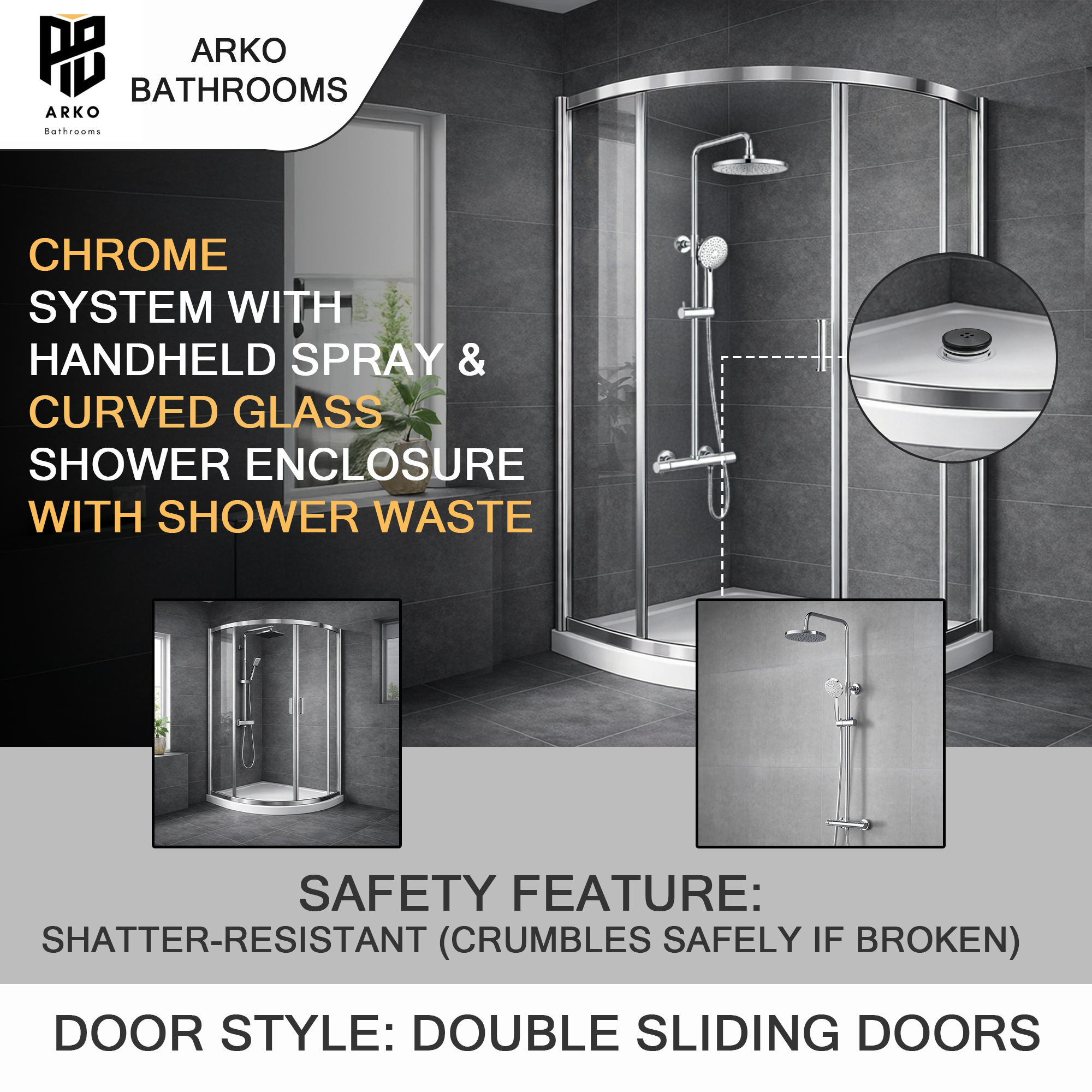 ARKO Round Rainfall Shower System with Handheld Spray & Curved Glass Sliding Shower Enclosure with Tray & Waste - Chrome