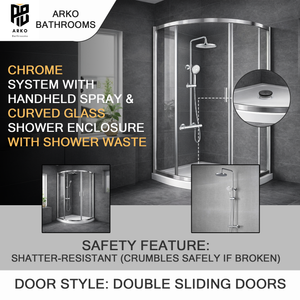 ARKO Round Rainfall Shower System with Handheld Spray & Curved Glass Sliding Shower Enclosure with Tray & Waste - Chrome