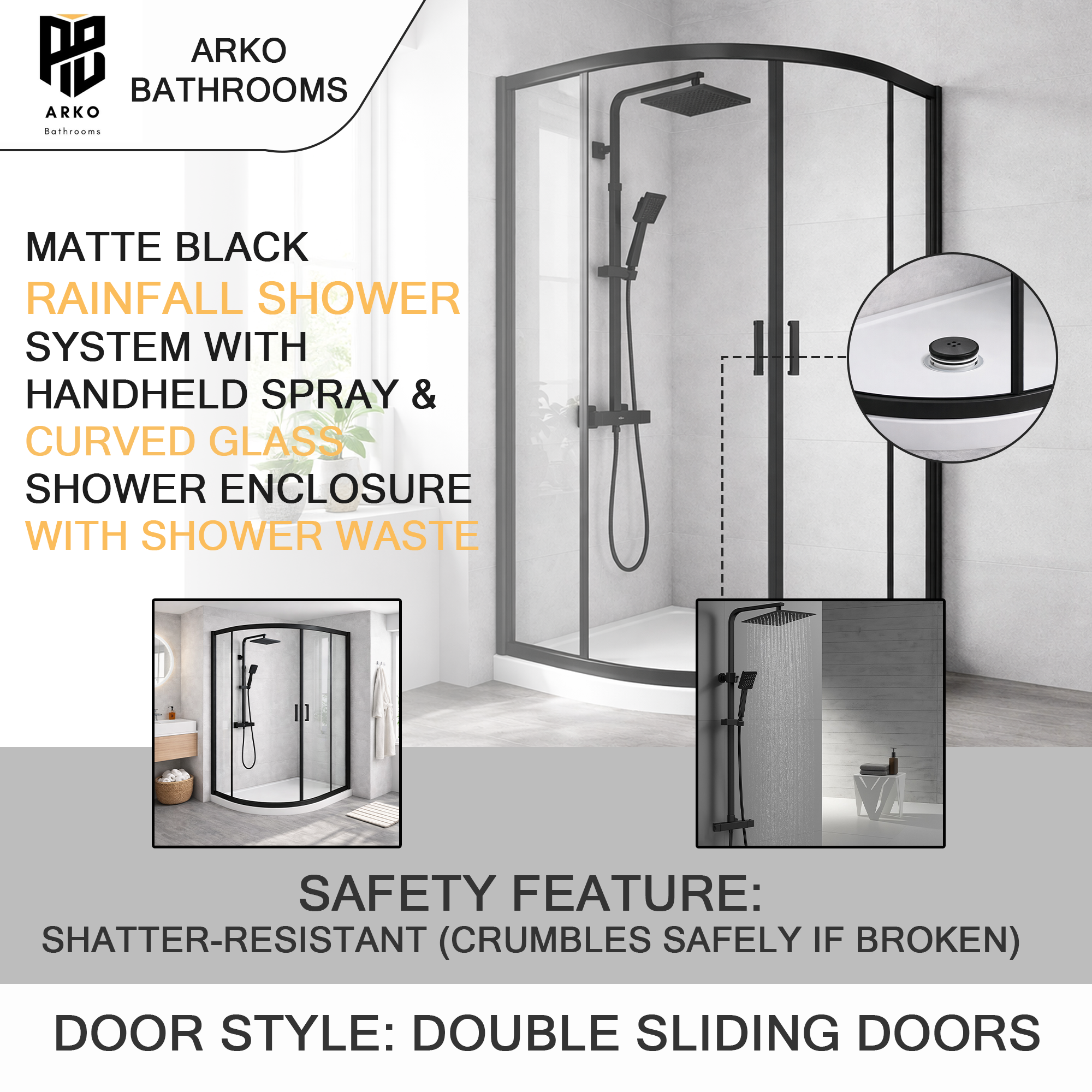 ARKO Square Rainfall Shower System with Handheld Spray & Curved Glass Sliding Shower Enclosure with Waste  - Matte Black