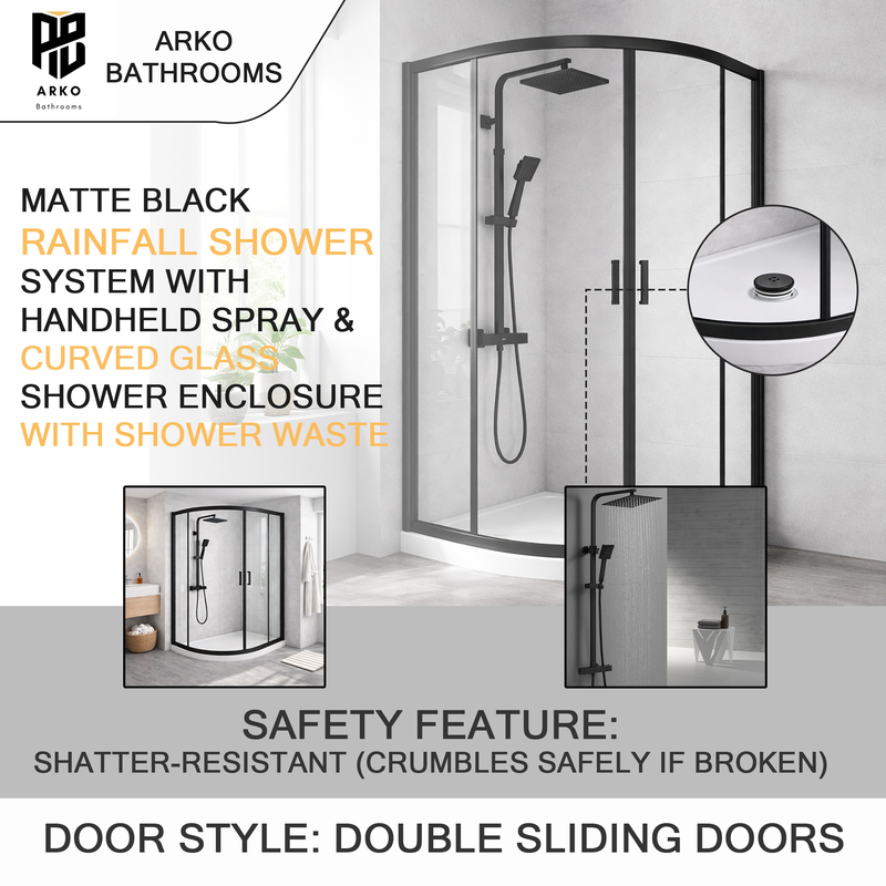 ARKO Square Rainfall Shower System with Handheld Spray & Curved Glass Sliding Shower Enclosure with Waste  - Matte Black