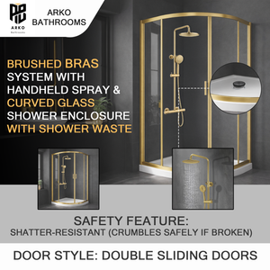 ARKO Round Rainfall Shower System with Handheld Spray & Curved Glass Sliding Shower Enclosure with Waste - Brass