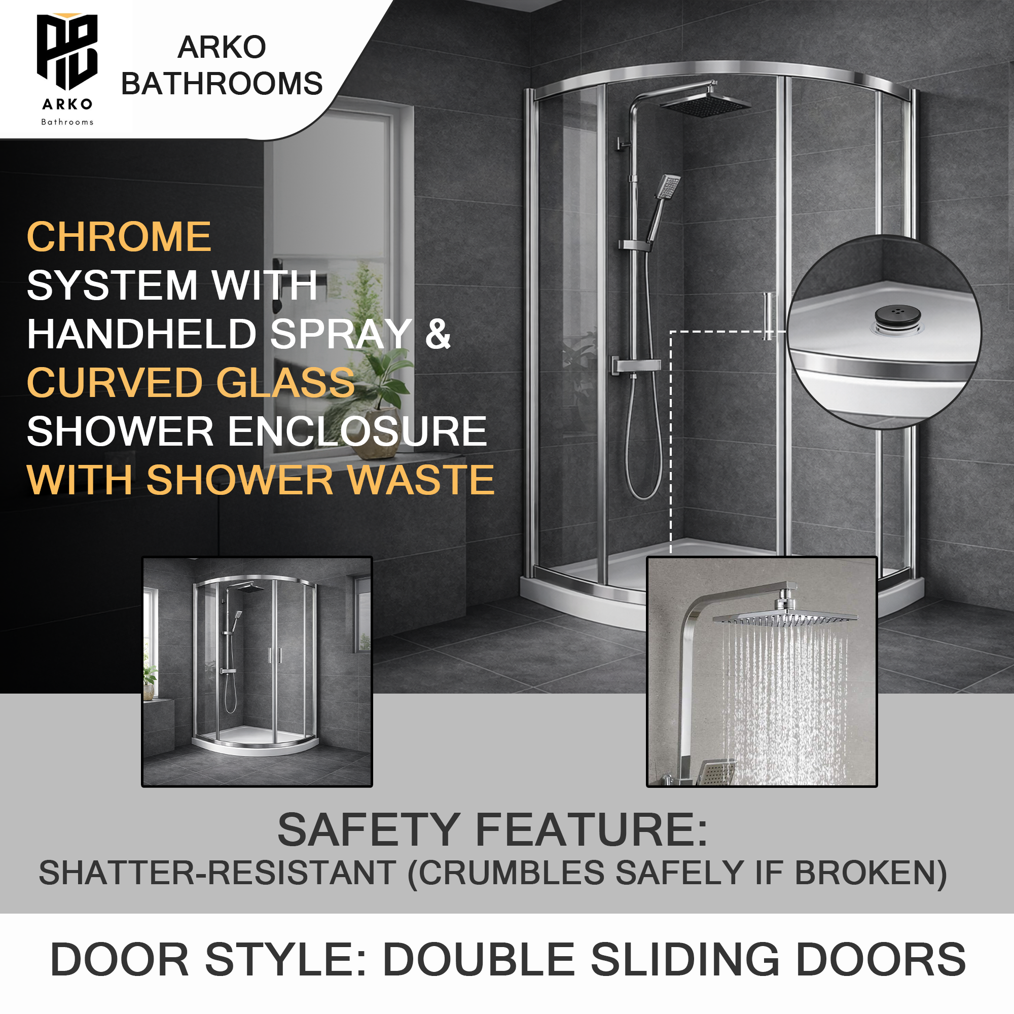 ARKO Square Rainfall Shower System with Handheld Spray & Curved Glass Sliding Shower Enclosure - Chrome