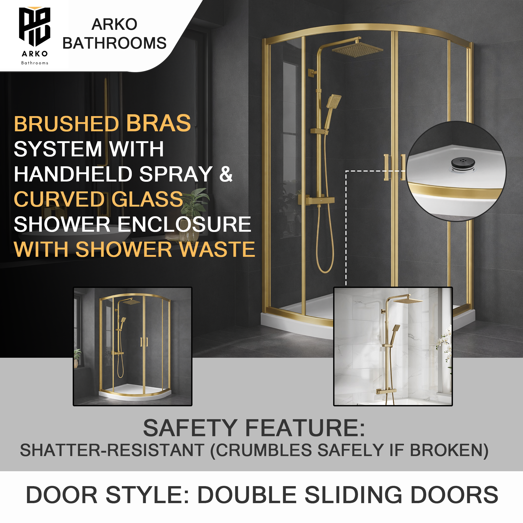 ARKO Square Rainfall Shower System with Handheld Spray & Curved Glass Sliding Shower Enclosure - Brass
