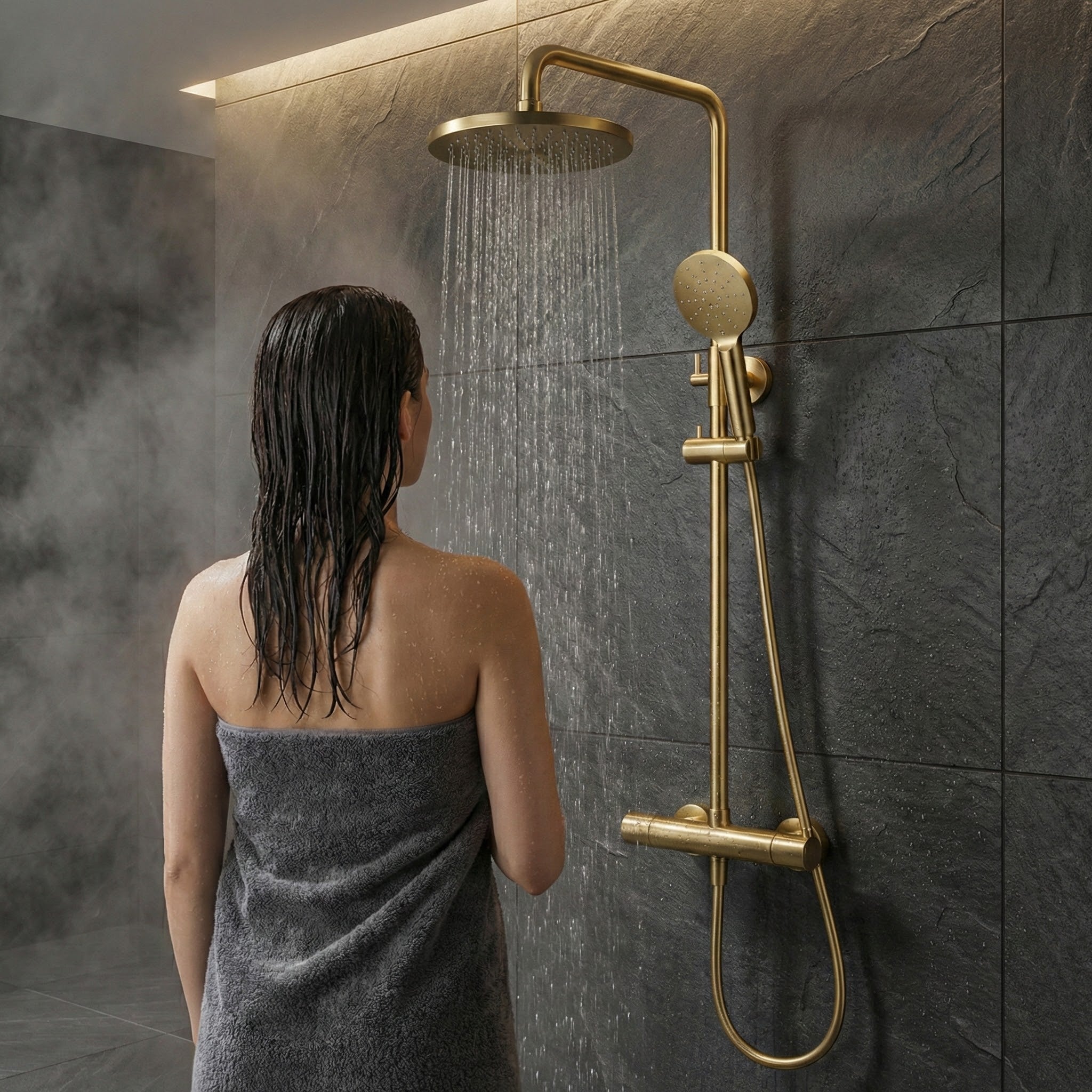 Arko Modern Round Thermostatic Shower – Brass