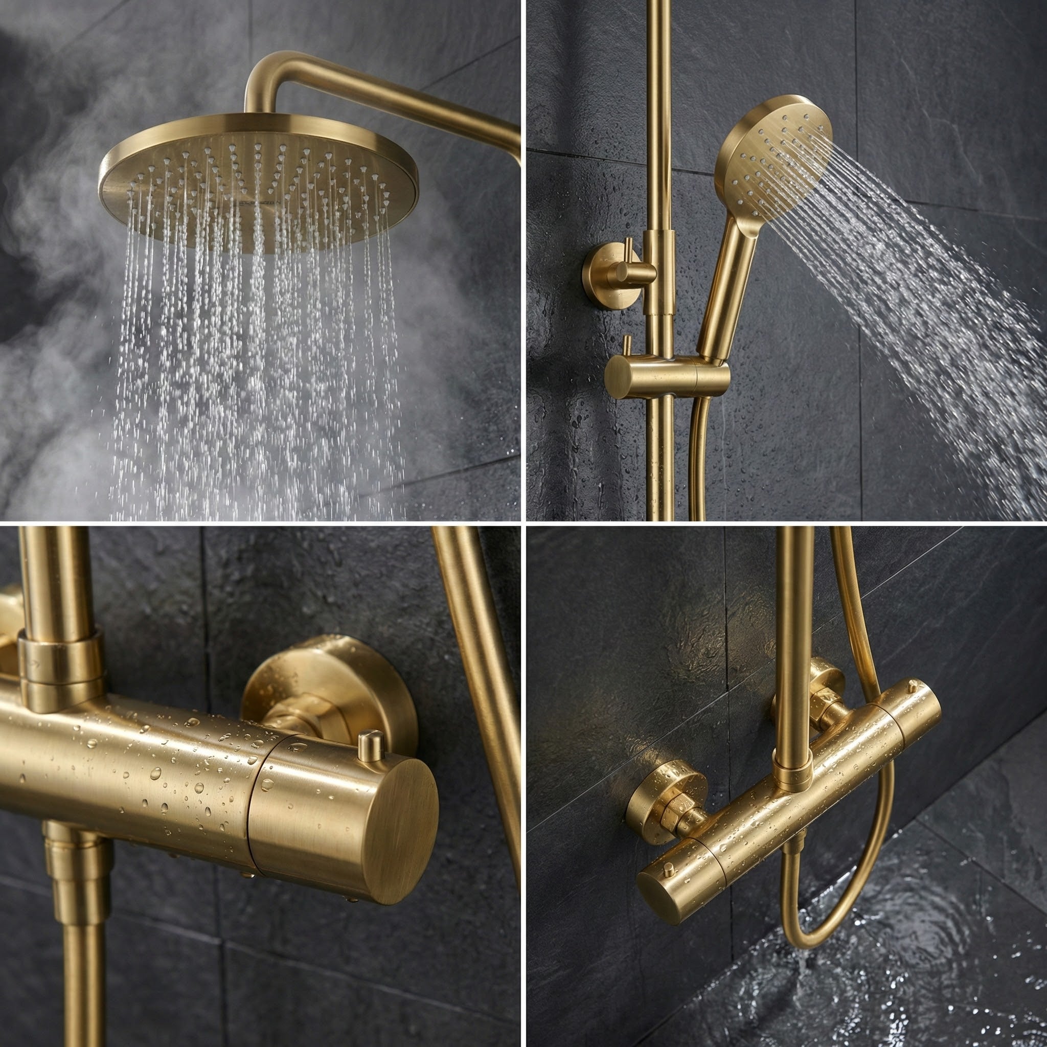 ARKO Bathroom Round Thermostatic Mixer Shower with Riser Rail, Shower Waste & Twin head - Brass