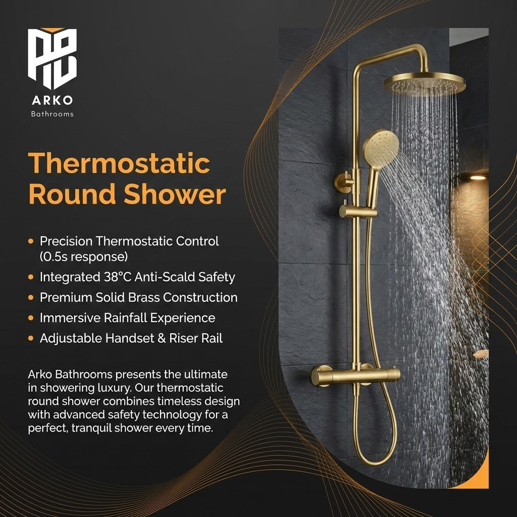 Arko Modern Round Thermostatic Shower – Brass