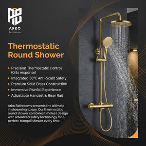 Arko Modern Round Thermostatic Shower – Brass