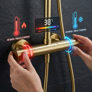 ARKO Bathroom Round Thermostatic Mixer Shower with Riser Rail, Shower Waste & Twin head - Brass