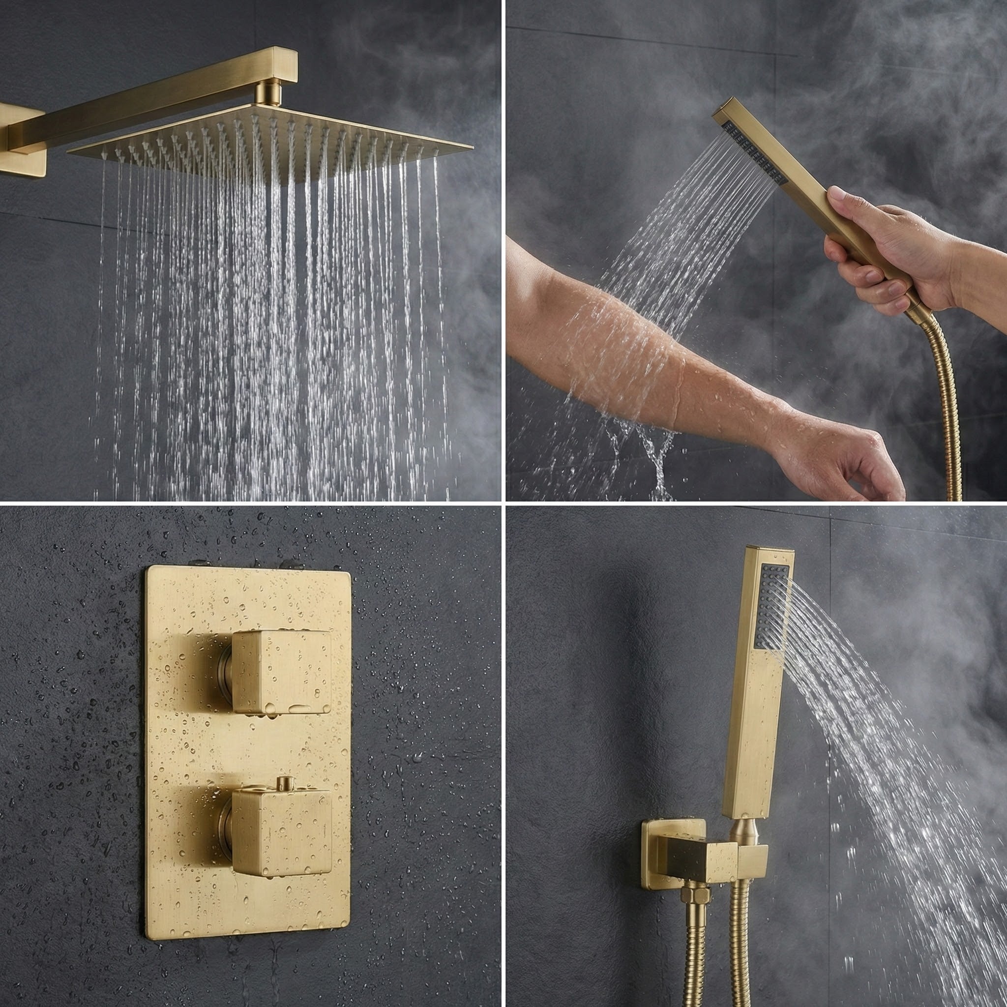 ARKO 2-Way Square Concealed Thermostatic Mixer Shower Dual Dial, Twin Head – Brass