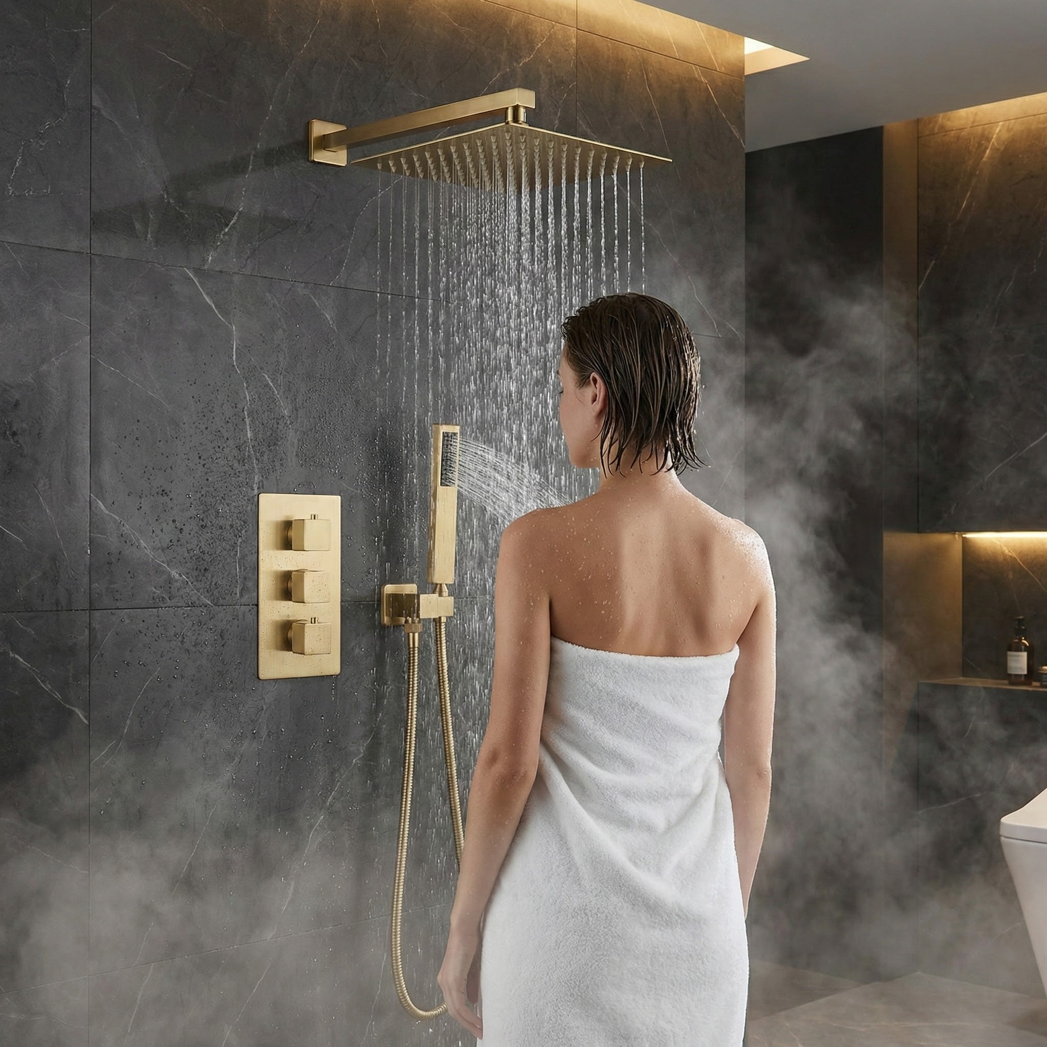 Square Concealed Brass Triple Thermostatic Shower Pack with Head + Handset – ARKO