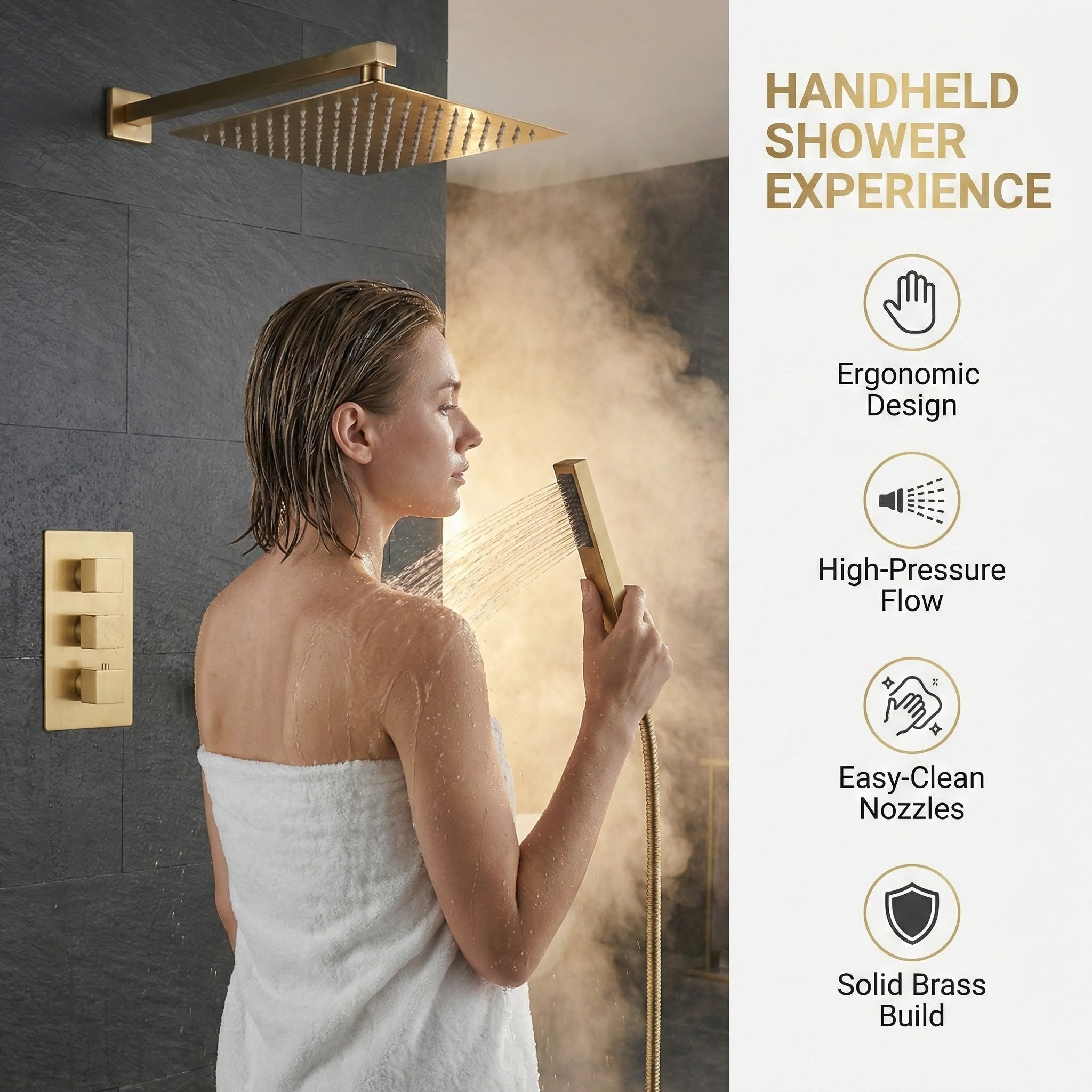 Square Concealed Brass Triple Thermostatic Shower Pack with Head + Handset – ARKO