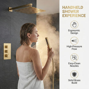 Square Concealed Brass Triple Thermostatic Shower Pack with Head + Handset – ARKO