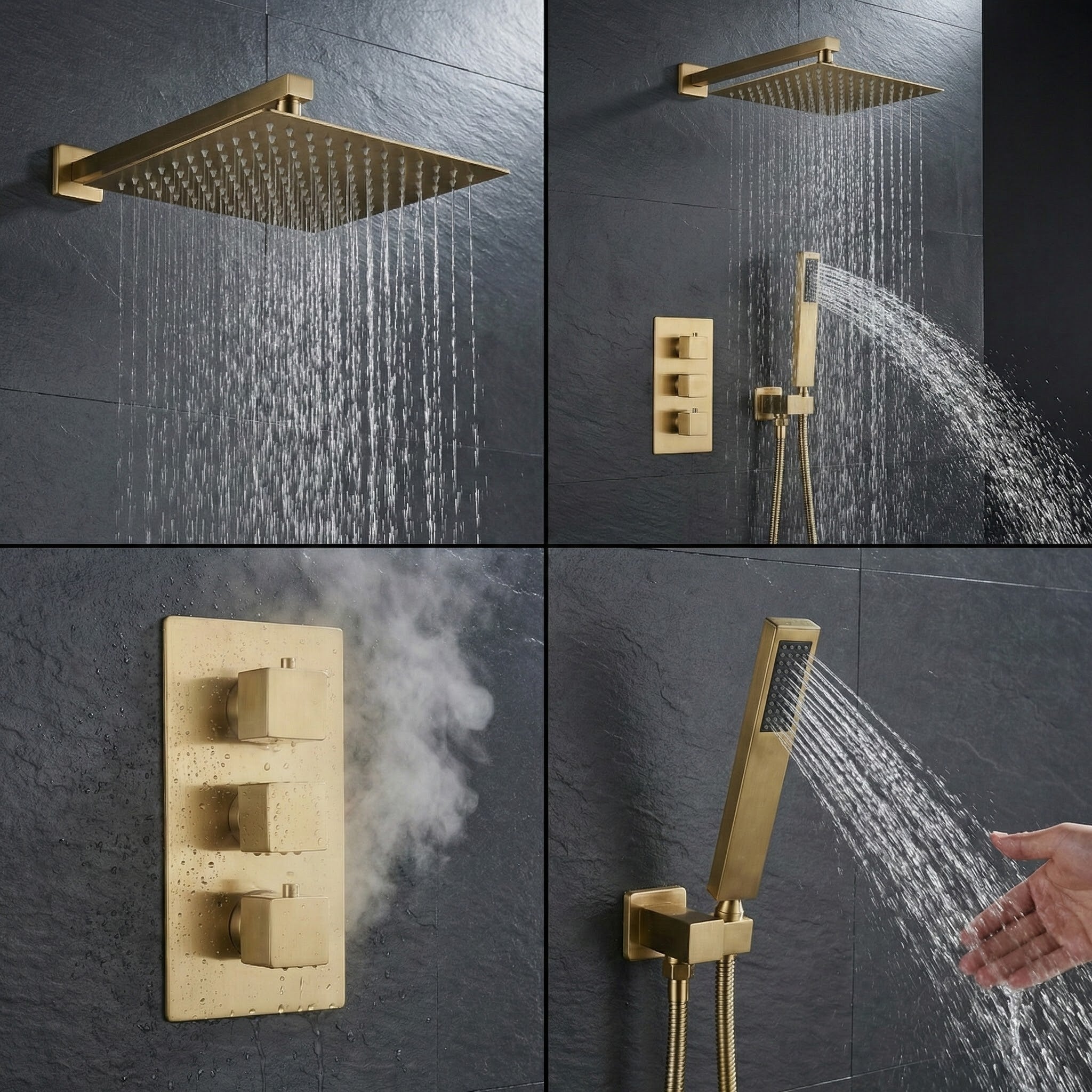 Square Concealed Brass Triple Thermostatic Shower Pack with Head + Handset – ARKO