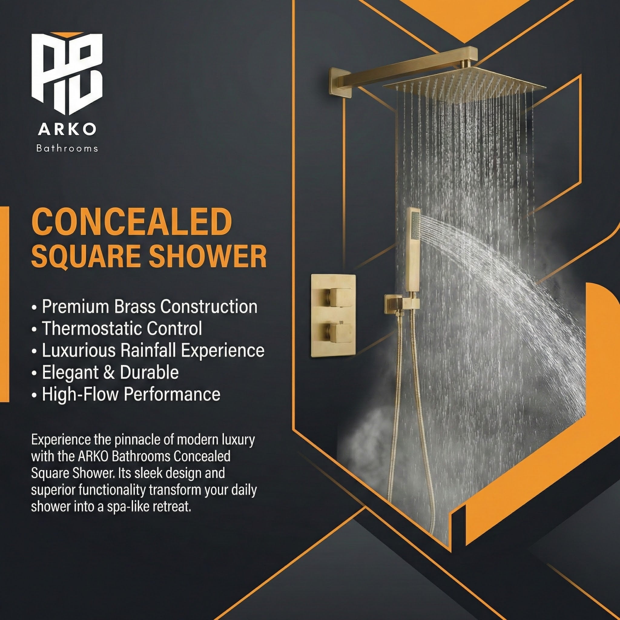 ARKO 2-Way Square Concealed Thermostatic Mixer Shower Dual Dial, Twin Head – Brass